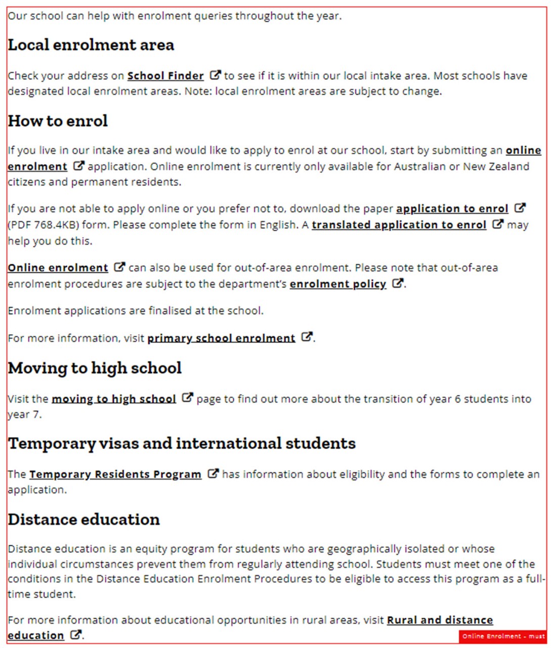An example of the Online enrolment component with must-have content surrounded by a red line