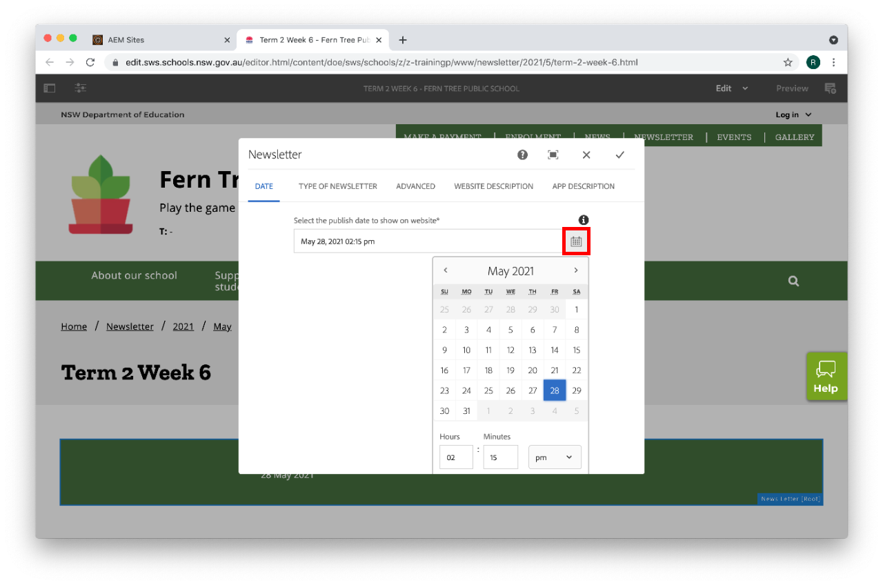 Newsletter component configure basic tab calendar open