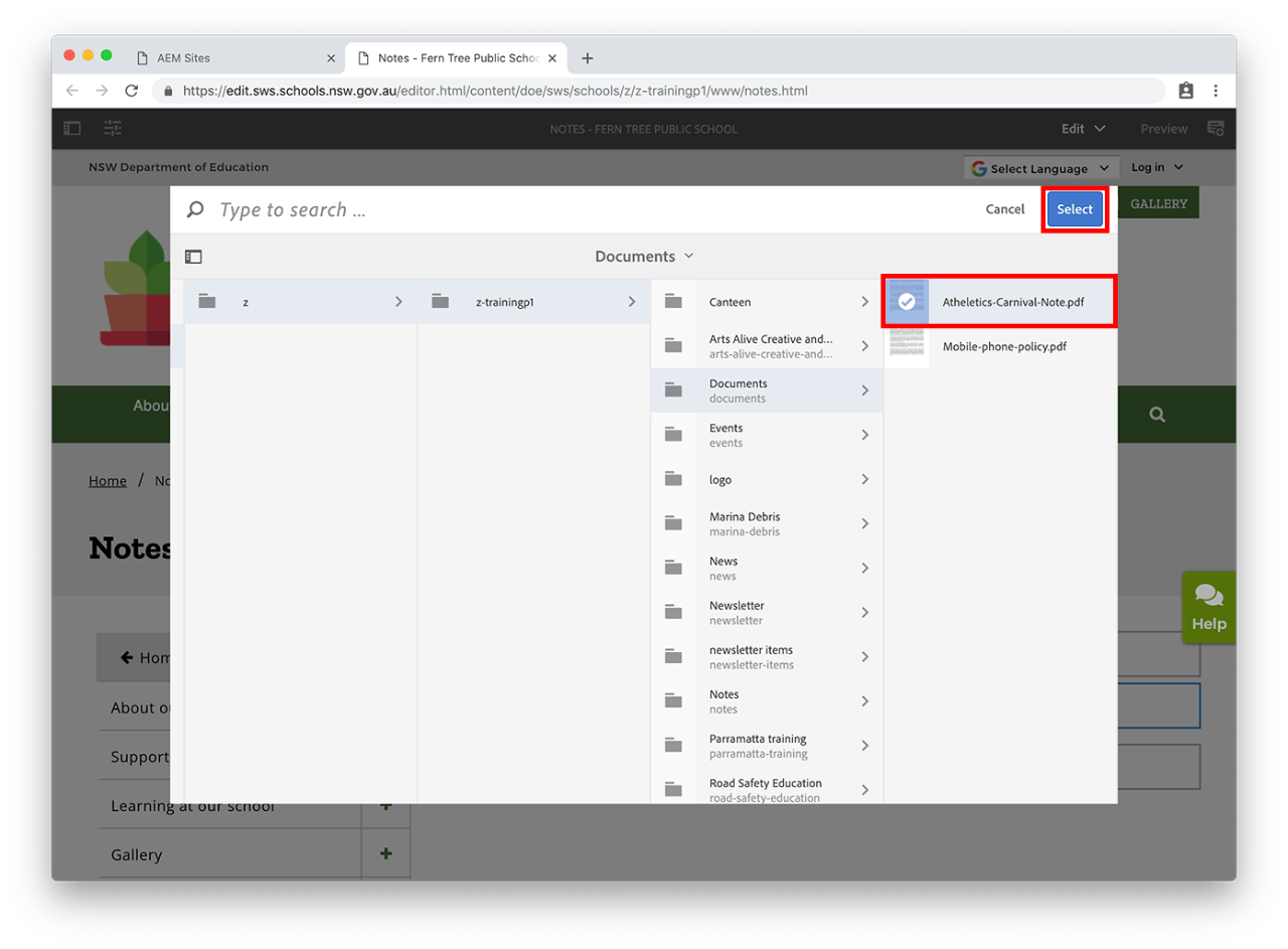 Select document dialog box