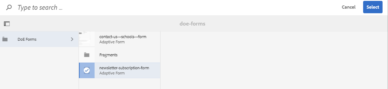 Select the Newsletter subscription form from the form component options