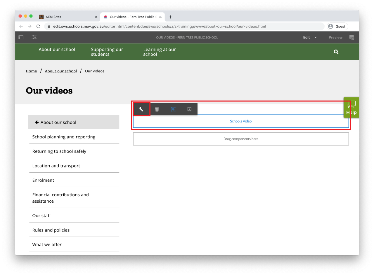 The schools video component with the configure button highlighted