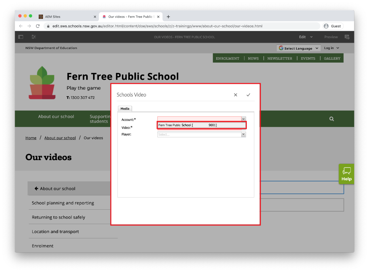 The school video component with the account drop-down highlighted