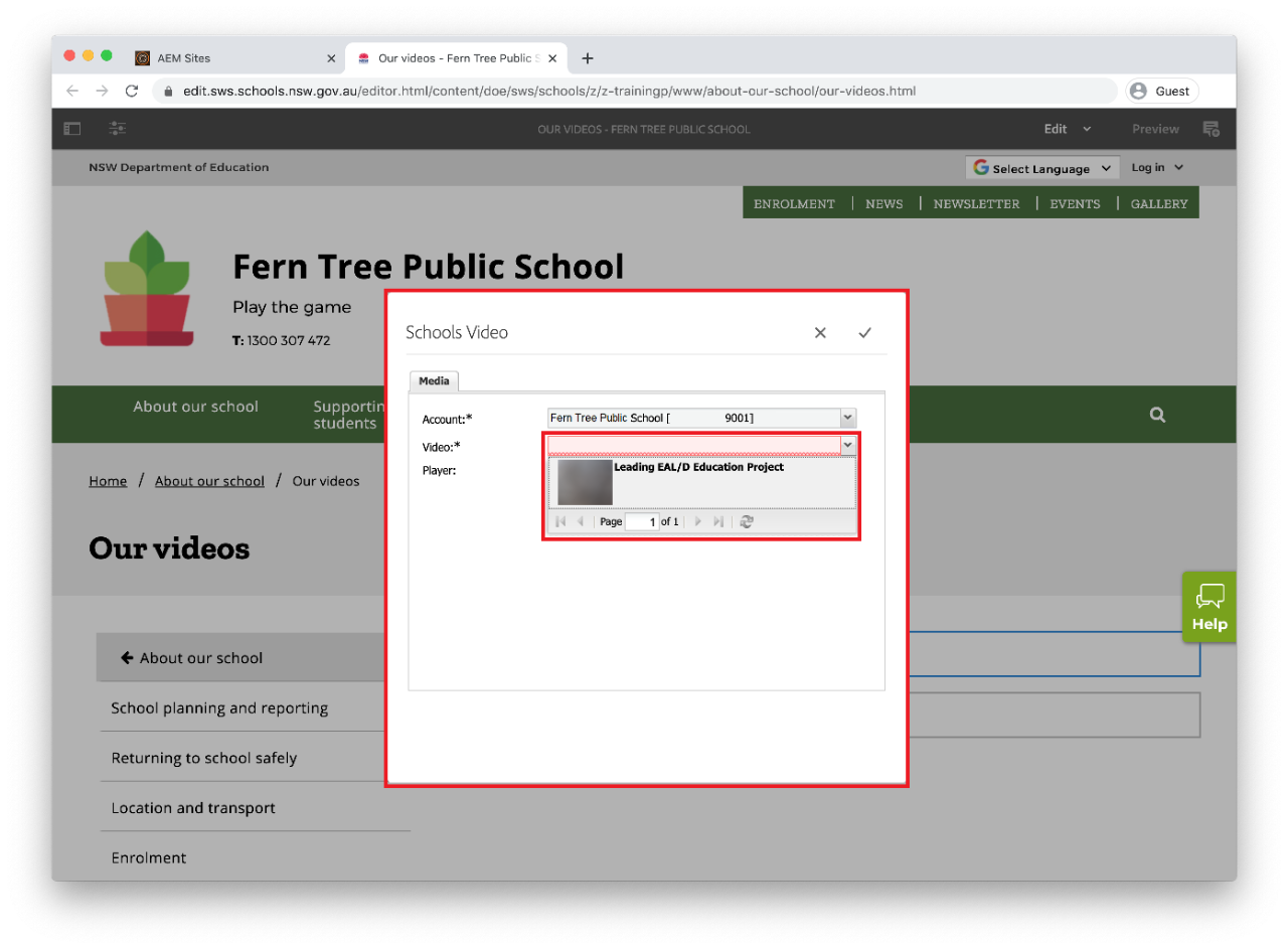 The schools video component with the video drop-down highlighted