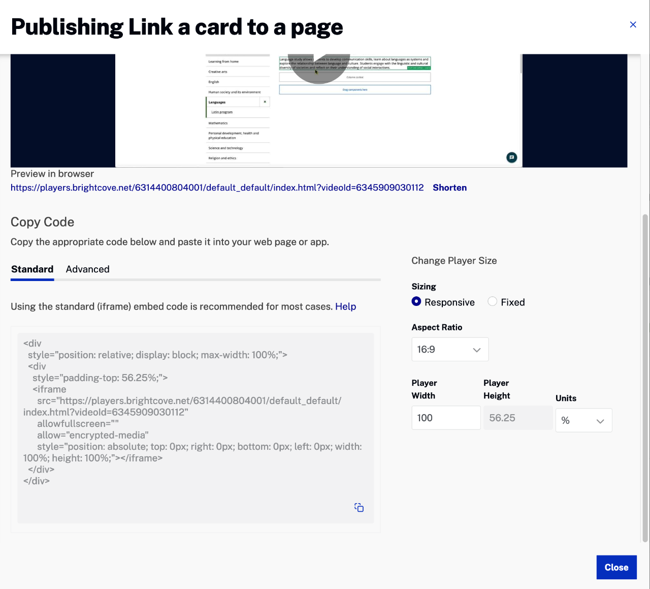 Publishing and embed options