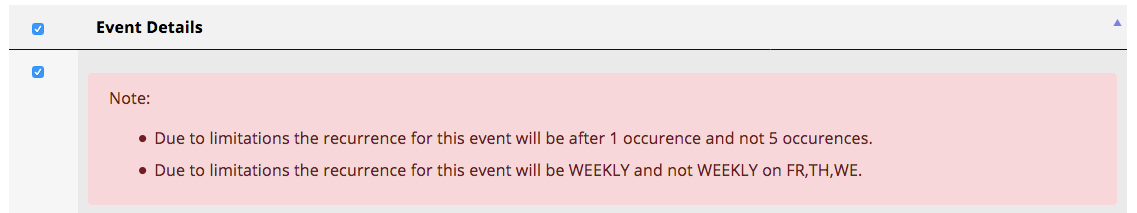 Error messages indicating recurring event combinations that aren't possible