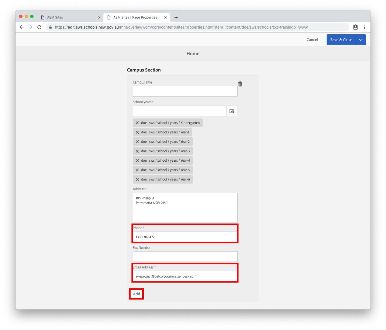 School Metadata tab in homepage properties