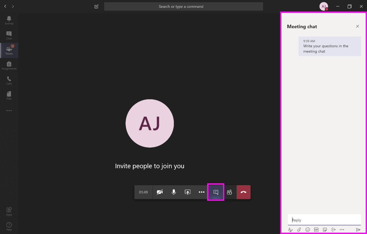 Microsoft teams with the chat window highlighted