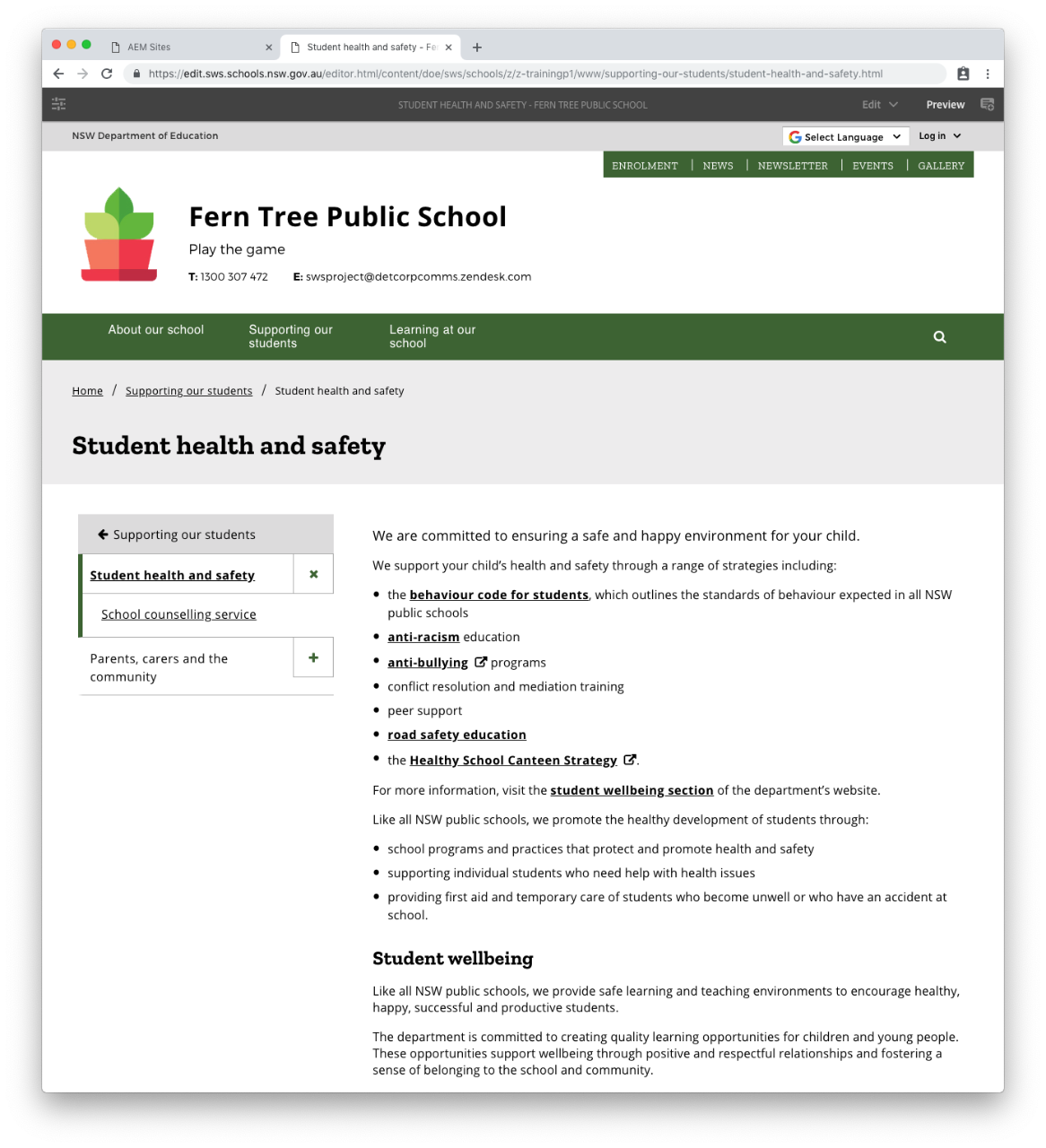 Student health and safety page