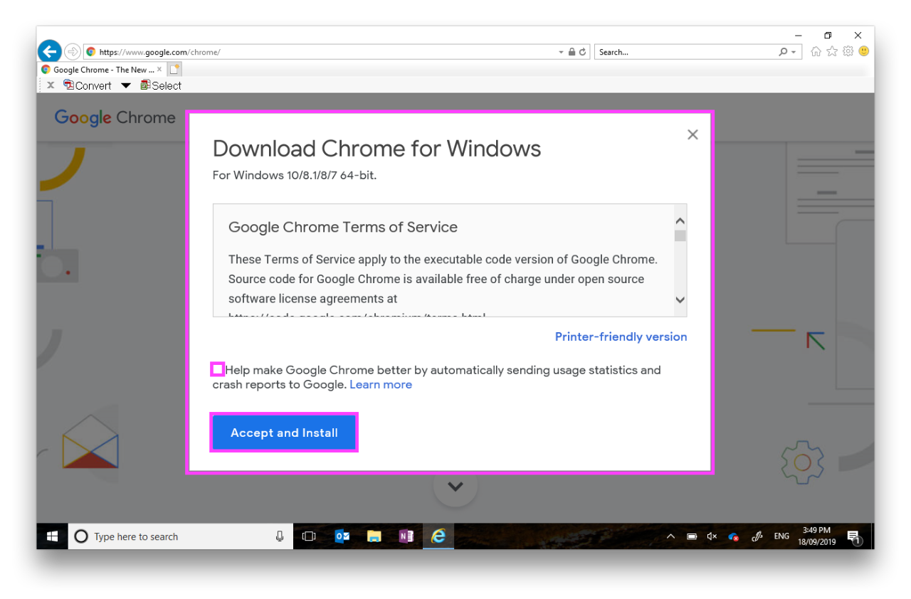 Google Chrome Download Chrome for Windows pop up asking users to accept and install