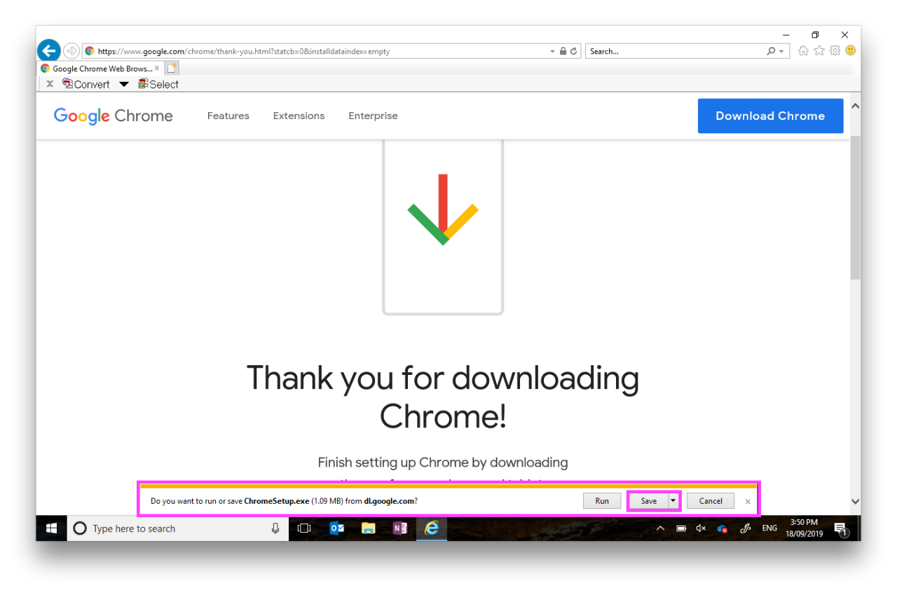 Google Chrome save download dialogue box