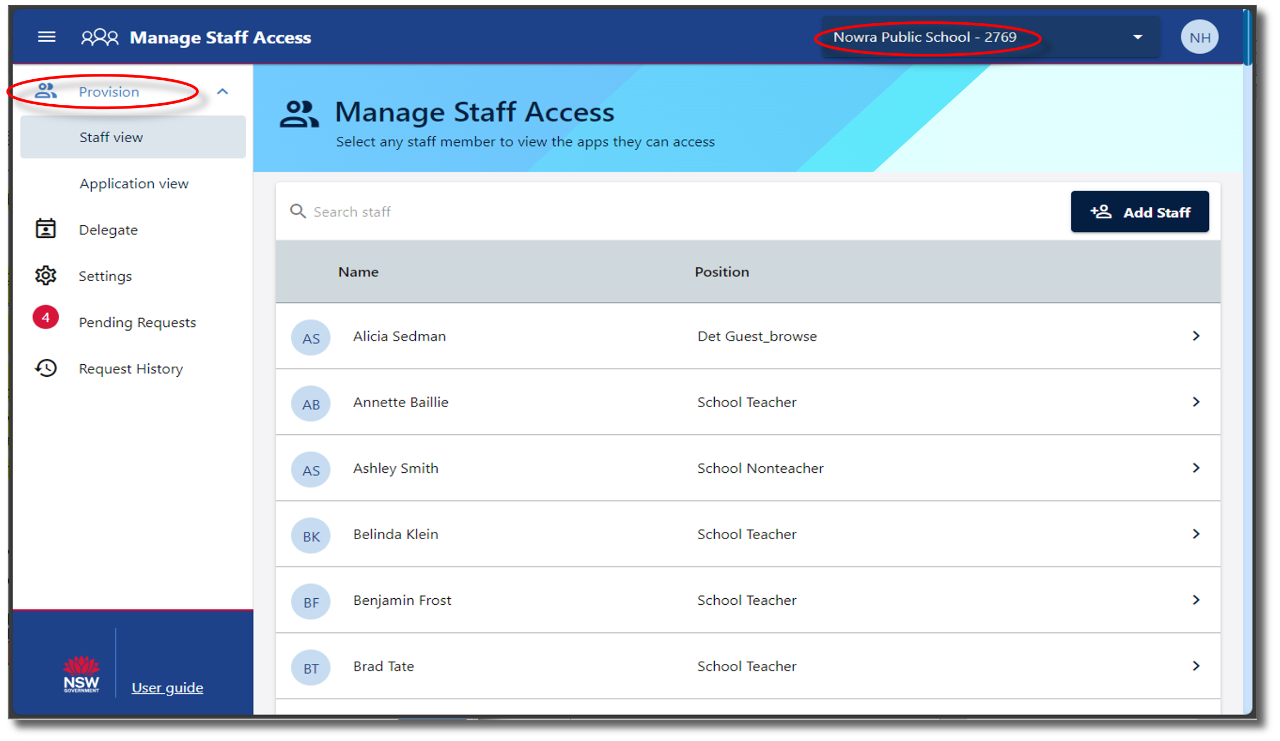 Manager staff access example screenshot